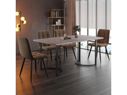 Conjunto de comedor de 5 piezas: mesa de 140 x 80 cm con patas de metal negro y sillas de terciopelo marrón, Mobrio