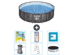 Piscina BESTWAY Round Steel Pro MAX - Impresión en madera - 427 x 107 cm - Incluye bomba - Escalera - Cobertor Accesorios CB34