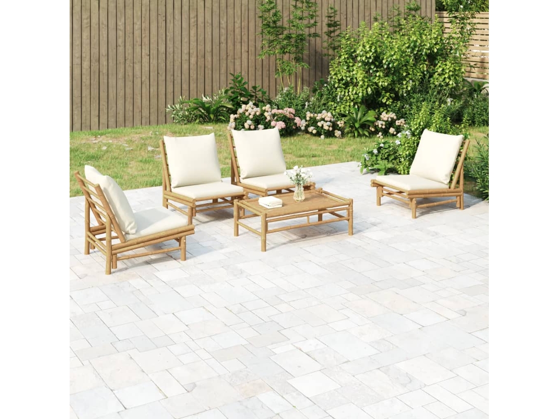 Conjunto Lounge Jardim Bamboo 5 Pcs C/ Almofadões Branco Nata Dkd Home Decor
