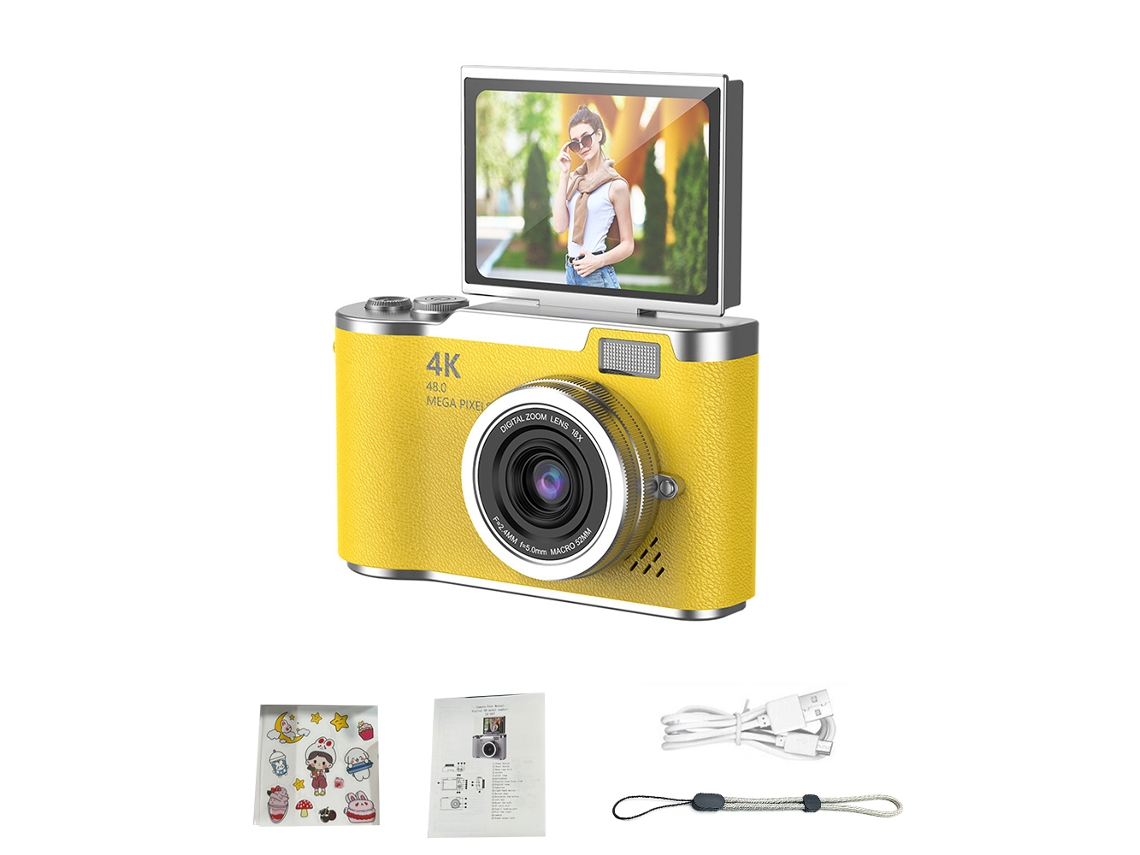 Cámara digital 4K de 48 MP para niños, enfoque automático, pantalla de 2,4 pulgadas y rotación de 180° MDUG (amarilla, 64 GB)