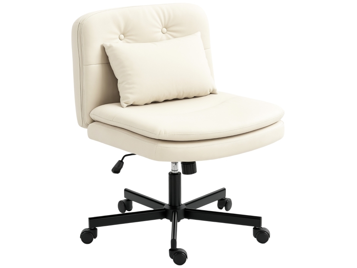 Silla De Oficina Beige Con Asiento De Cuero Sin Brazos, Ruedas Y Cojín Extra Alto.