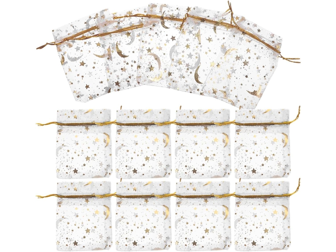 Bolsas Regalo Pequeñas Organza Dorada Cordón Juego 50 Diseños Estrellas Lunas Elegantes Almacenamiento Dulces