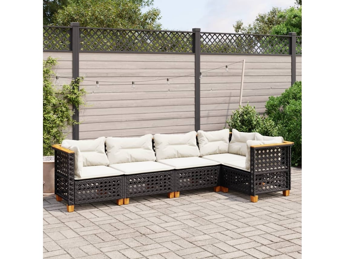 Conjunto de sofá de jardín de 5 piezas con cojines de mimbre sintético negro, Dkd Home Decor