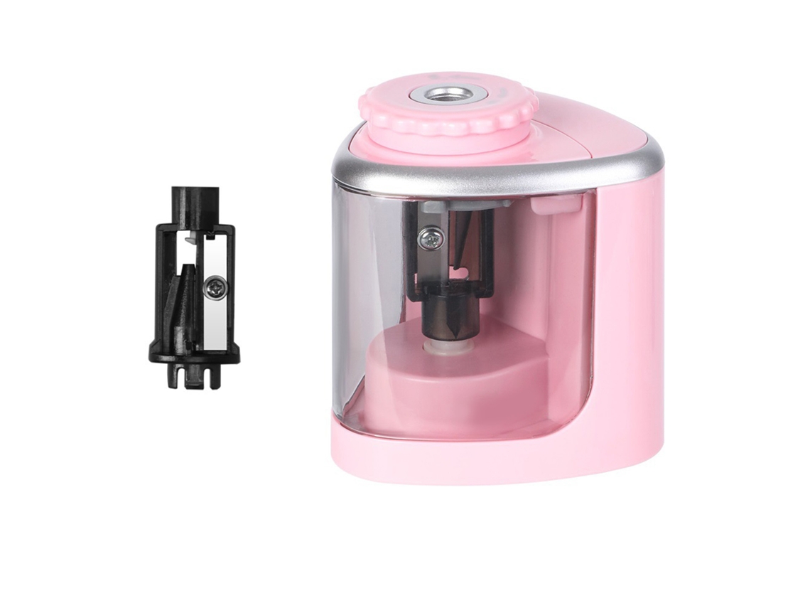 Apontador de lápis elétrico semiautomático Rebe com pilhas, fácil de usar para crianças e estudantes, rosa.
