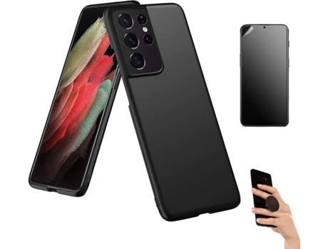 Kit Carcasa Y Protector Samsung S21 Ultra Ultimatte Turtleshell Y Popsocket Negro