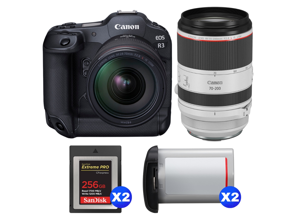 Canon Eos R3 + Rf 24-70mm F/2.8 L Is Usm + Rf 70-200mm F/2.8 L Is Usm + 2 Sandisk 256gb Extreme Pro Cfexpress Type B + 2 Canon L + Ebook Pricedirect