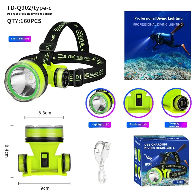 Linterna frontal portátil recargable (grande) para buceo - Resistente al agua - Súper brillante - Ideal para buceo y pesca.