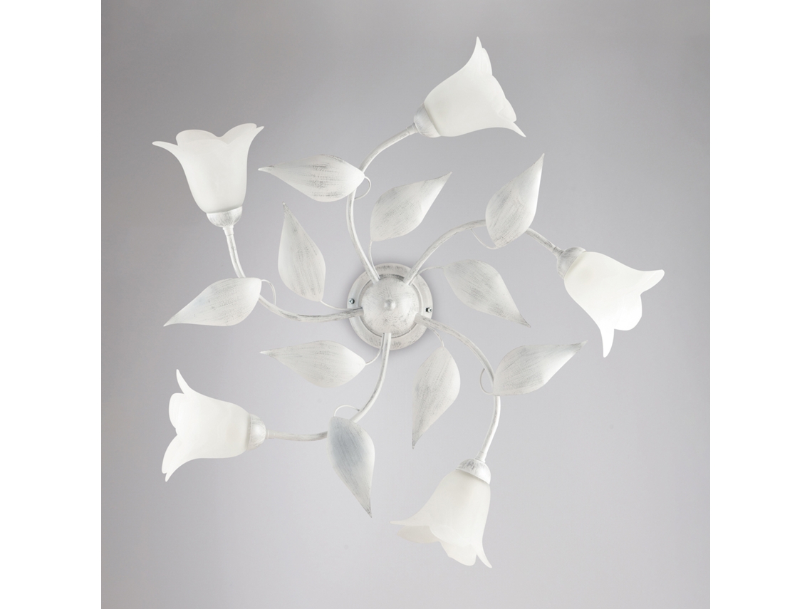 Lámpara de techo Olga de hierro lacado blanco con decoración. Difusores antiguos en plata y cristal. Diámetro 14 cm. Alabastro blanco. 5 luces. Altura 20 cm. Diámetro 70 cm. Belight.