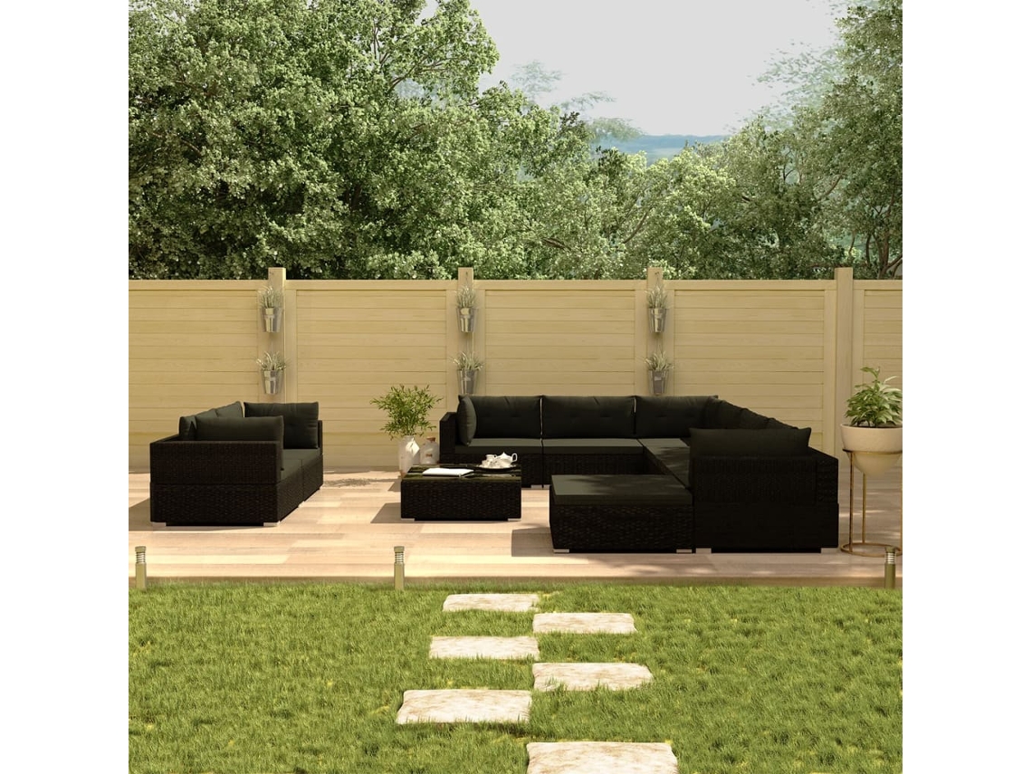 Conjunto de jardín de 10 piezas con cojines en mimbre sintético negro de DKD Home Decor