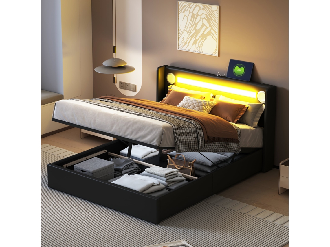 Cama Tapizada De 140x200 Cm, Color Negro, Con Led, Bluetooth Y Usb, Estilo Moderno.