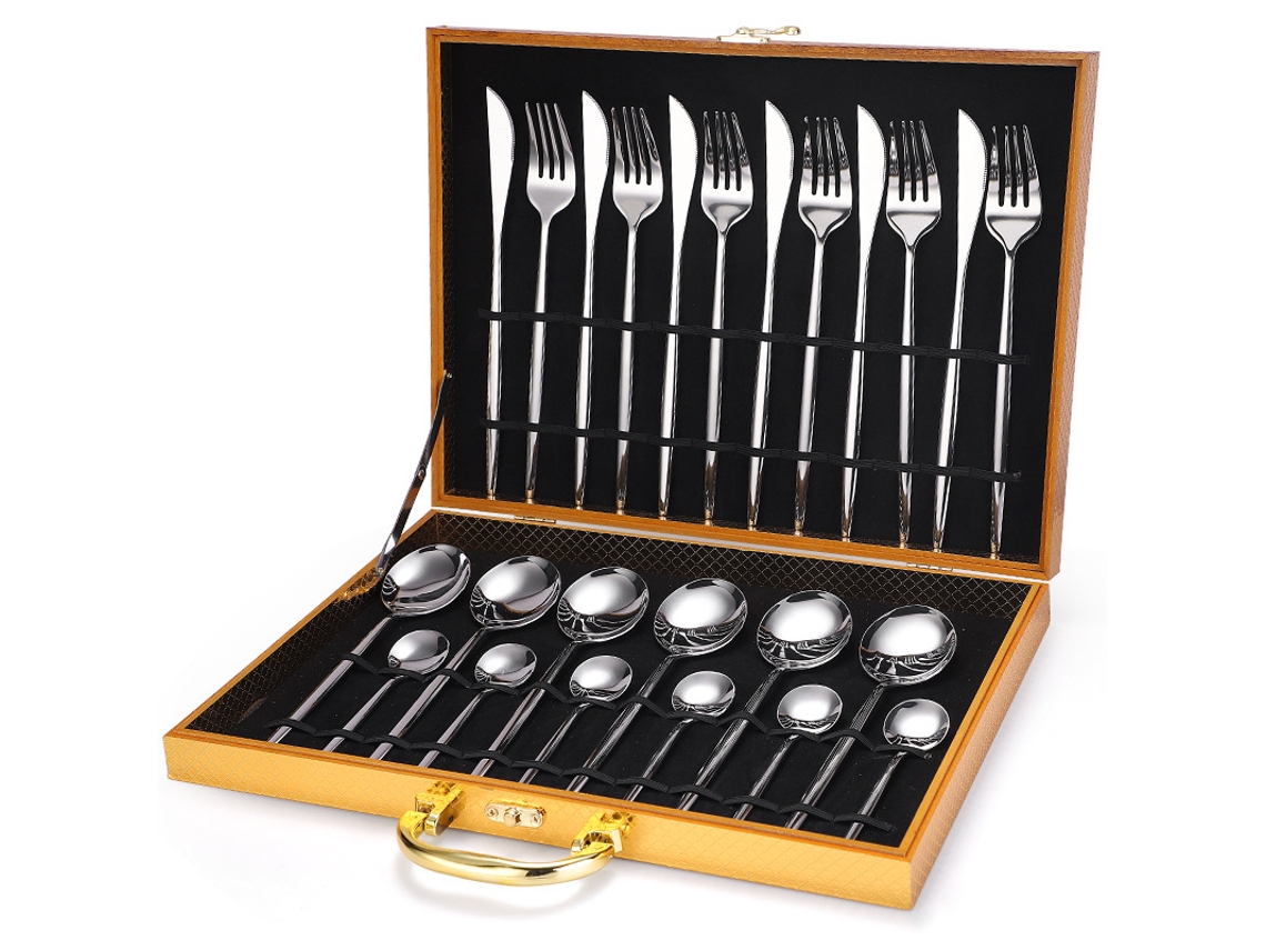 Juego de cubiertos MDUG de acero inoxidable de 24 piezas, plateado