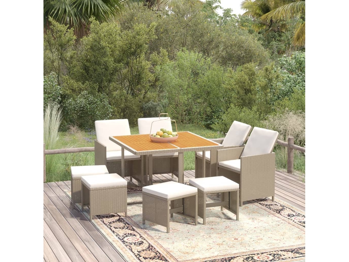 Juego de comedor de jardín de 9 piezas con cojines, mimbre sintético beige, DKD Home Decor