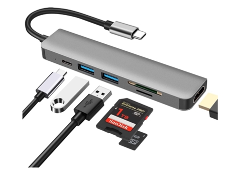 Hub USB tipo c 6 en 1 con HDMI 4K, lector de tarjetas SD/TF, carga de energía de 100 W compatible con MacBook Pro/Macbook Air/XPS y más (gris) BISB...