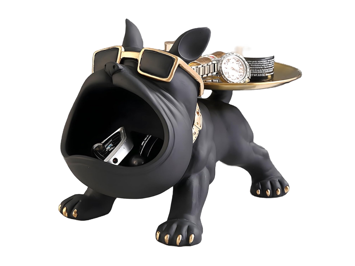 Bandeja de resina para llaves y joyas con estatua de bulldog.