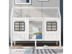 Cama Con Forma De Casita De Pino De 90x200 Con 2 Ventanas Blancas.