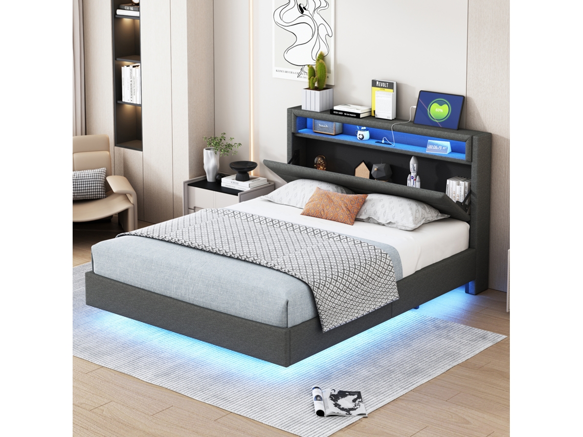 Cama Tapizada 140x200 Cm Con Toma Usb Y Luz Led, Cabecero Reversible, Pie De Cama Oculto, Cama Doble Plana, Gris