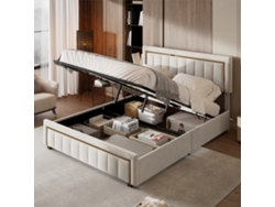 Cama Tapizada 140x190 Cm, Cama De Matrimonio, Canapé Con Cabecero, Material Terciopelo Beige, Colchón No Incluido.
