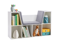 Estantería 2 en 1: Estantería infantil + banco de trabajo, 103 cm x 30 cm x 62 cm, tapizada en blanco y gris, Dagou