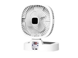 Ventilador solar recargable para camping con luz LED y control remoto.