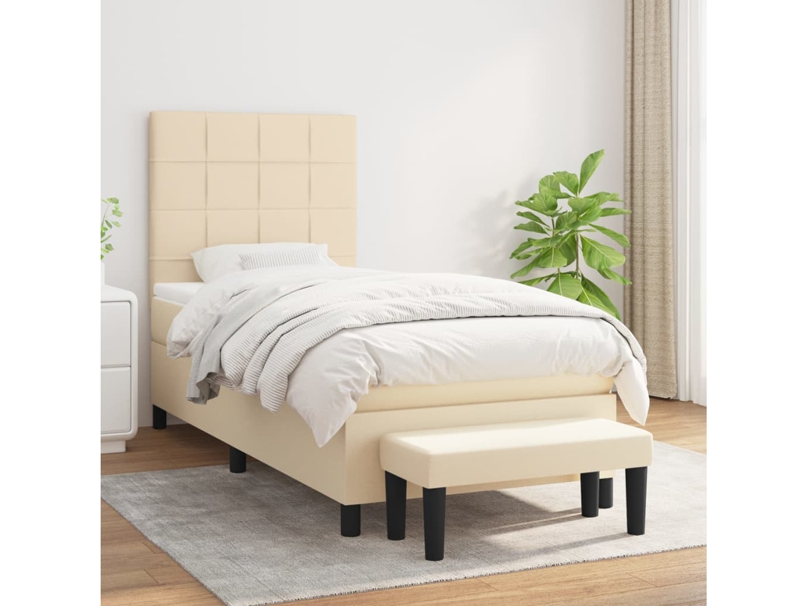Cama Box Spring Con Colchón Tela Color Crema 90x190 Cm
