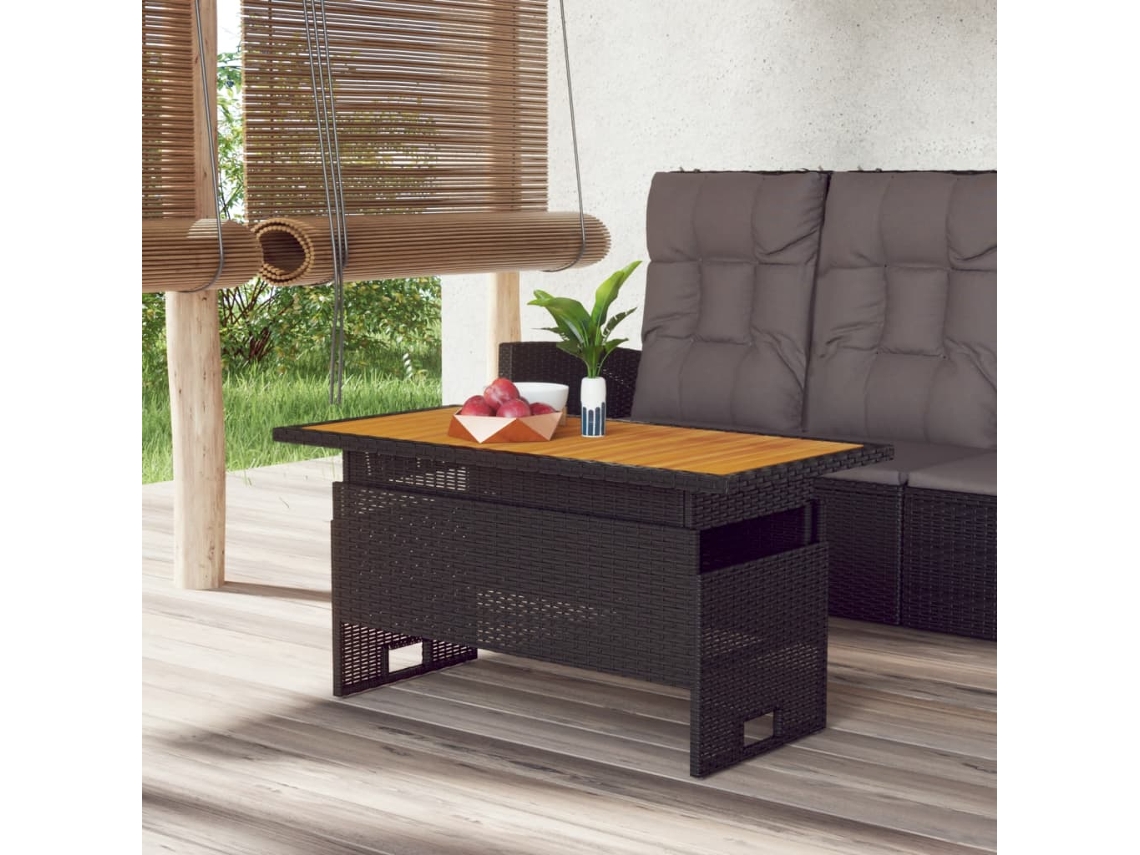 Mesa de jardín LOVELY HOME para cenar de madera maciza de acacia y mimbre con pies negros (100 x 50 x 63 cm)