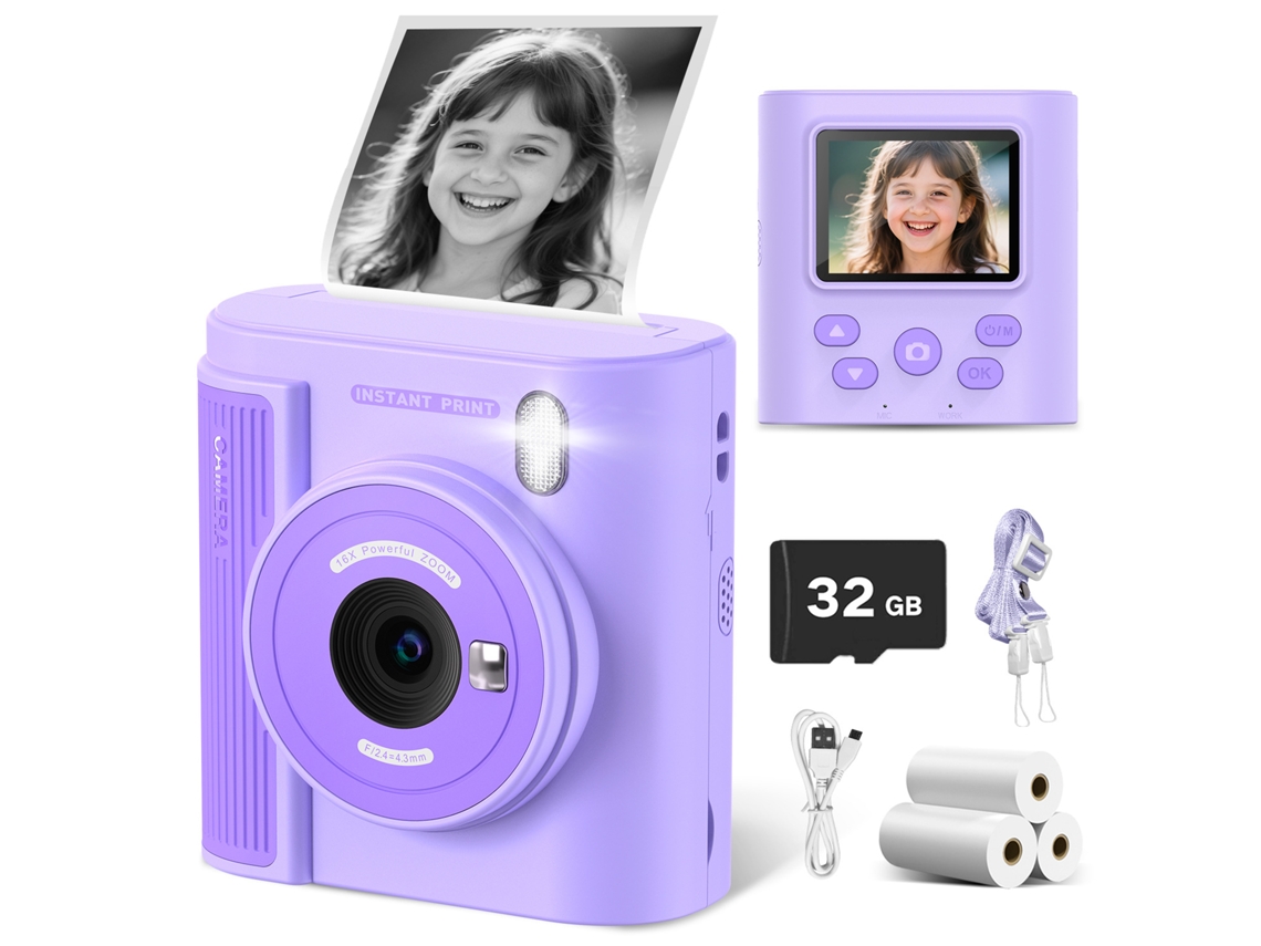 Cámara instantánea para niños Gertiz con pantalla IPS de 2.0 pulgadas, impresión térmica HD, tarjeta de 32 g, color morado