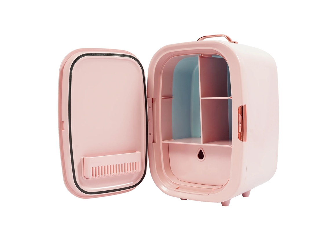 Refrigerador cosmético, diseño compacto, control de temperatura, rosa.