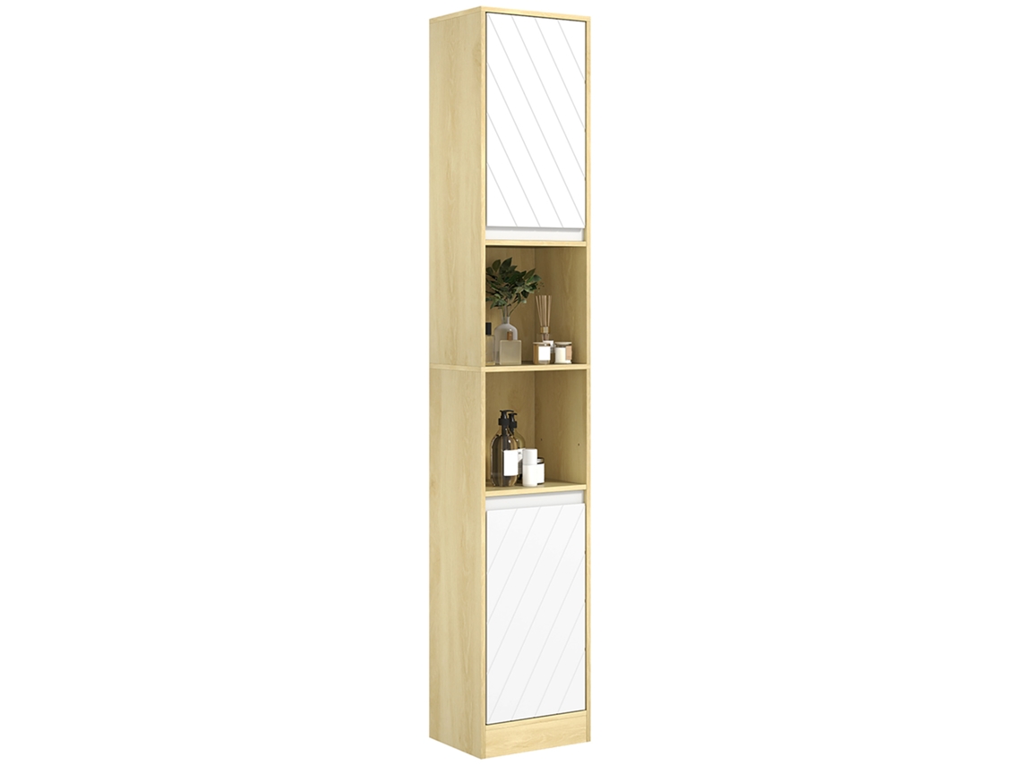 Columna De Baño Estrecha Con 2 Puertas Y 2 Estantes Abiertos, Para Espacios Pequeños, 30x24x170 Cm, Roble Y Blanco