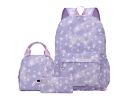 Mochila escolar de tres piezas, gran capacidad, diseño de estrella, morada
