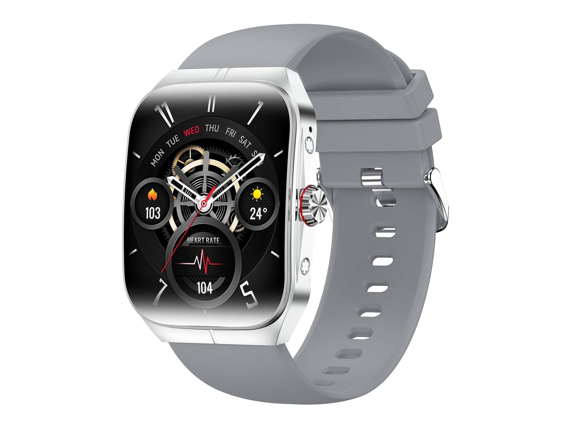 Smartwatch HK80 con pago NFC vía Bluetooth, medición de presión arterial y oxígeno en sangre, función multideporte, color plata.