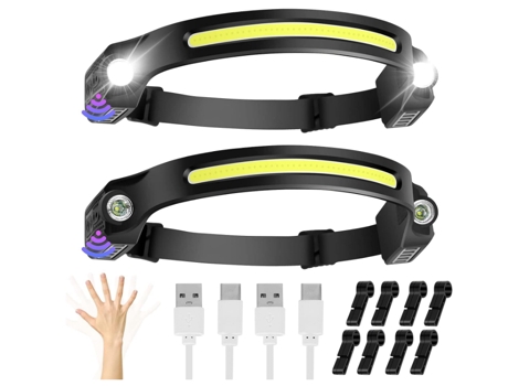 2 paquetes de 6 modos Faro con sensor de movimiento Vista ampliada de 230 grados Linterna frontal LED recargable IPX4 Linterna manos libres CHRONUS