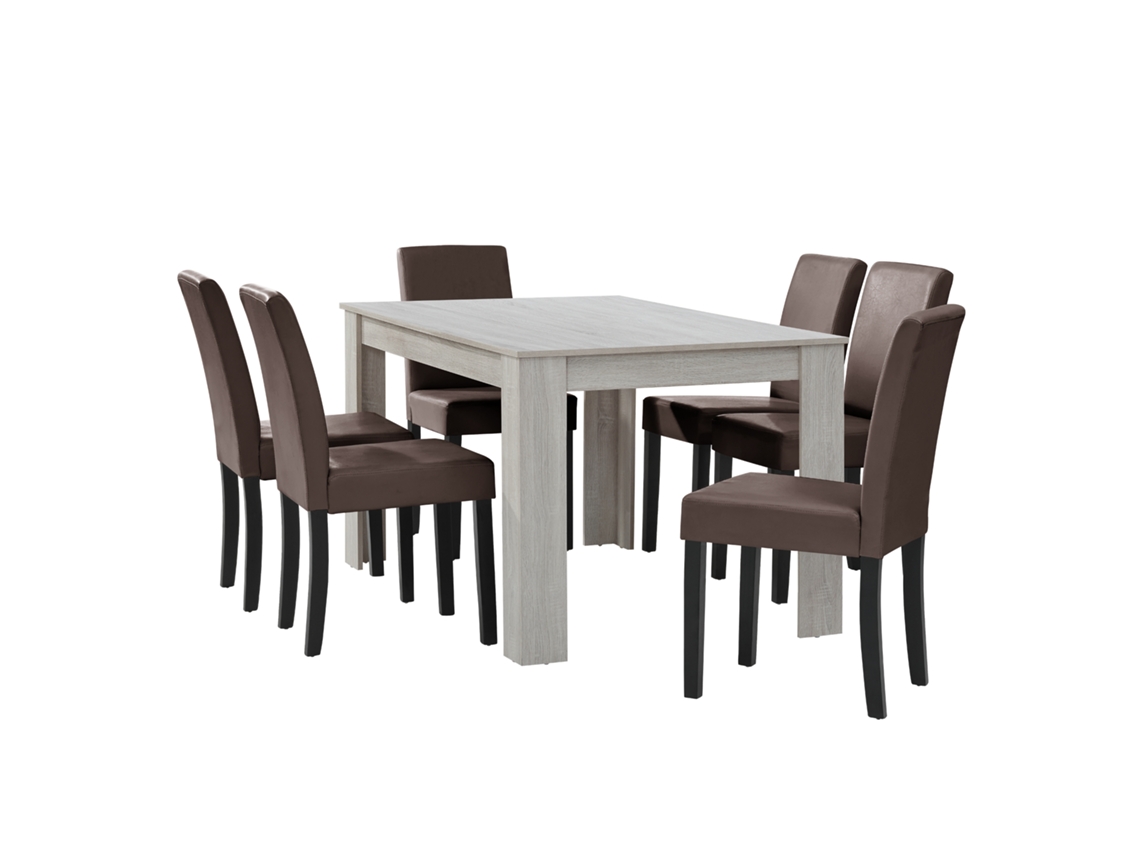 Mesa de comedor + 6 sillas Forssa MDF y polipiel 140x90x77cm - Roble blanco + Marrón [EN.CASA]
