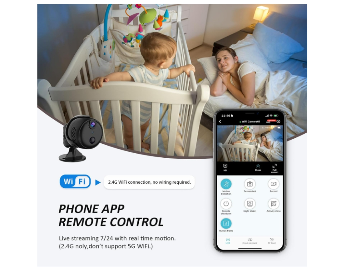 Pequeña cámara espía oculta: mini cámara inalámbrica de seguridad para el hogar con conexión WiFi 2.4G detección de movimiento visión nocturna IKIKSO