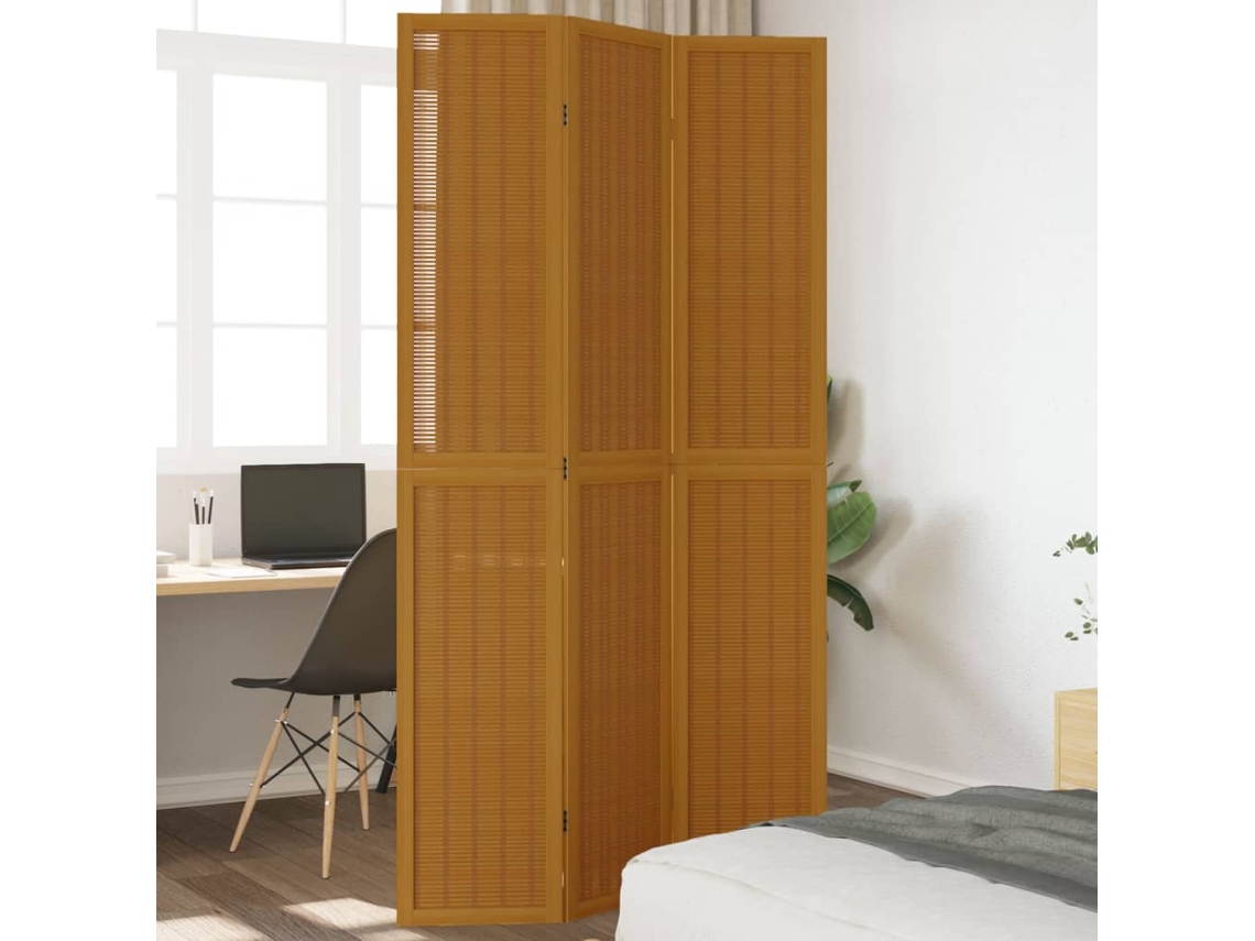 Biombo de 3 paneles de madera maciza de paulownia marrón Wsd162734 Lovely Home