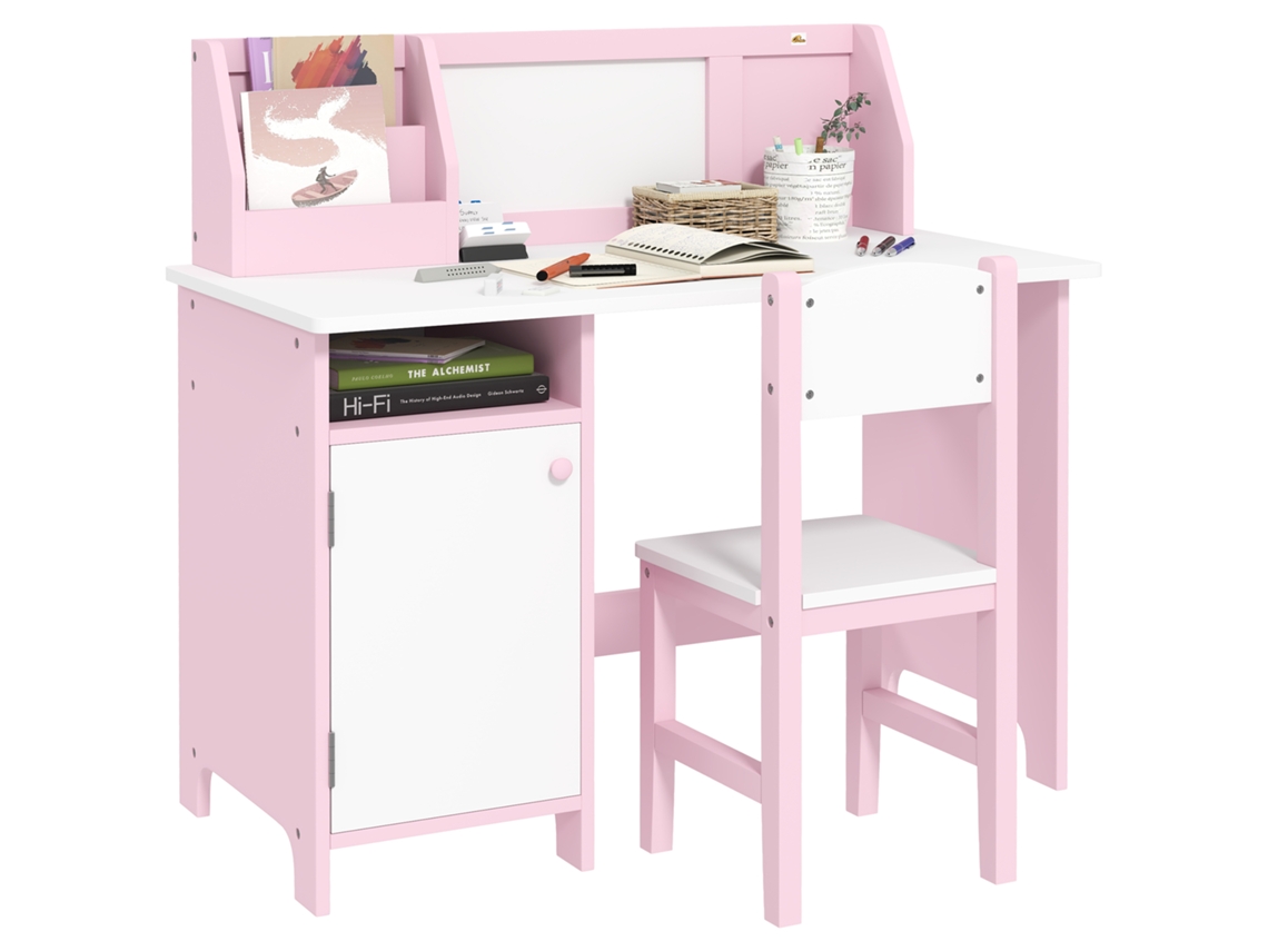 Mesa Infantil Madeira Cadeira Organizador Quadro Branco 5+ Rosa 90x45x85