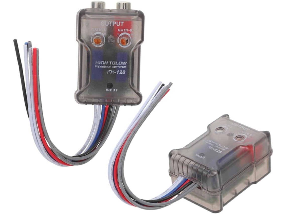 Adaptador convertidor de audio de 2 piezas para amplificador de coche, subwoofer y sistema de altavoces.