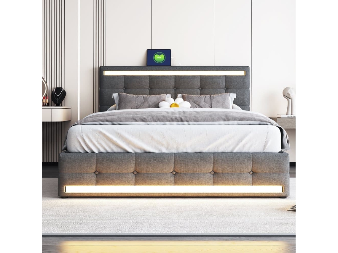 Cama Tapizada 140x200 Cm - Cama Con Led, 4 Cajones Y 2 Puertos Usb, Estructura Con Cabecero Y Pie Led, Plataforma Con Almacenamiento - Gris