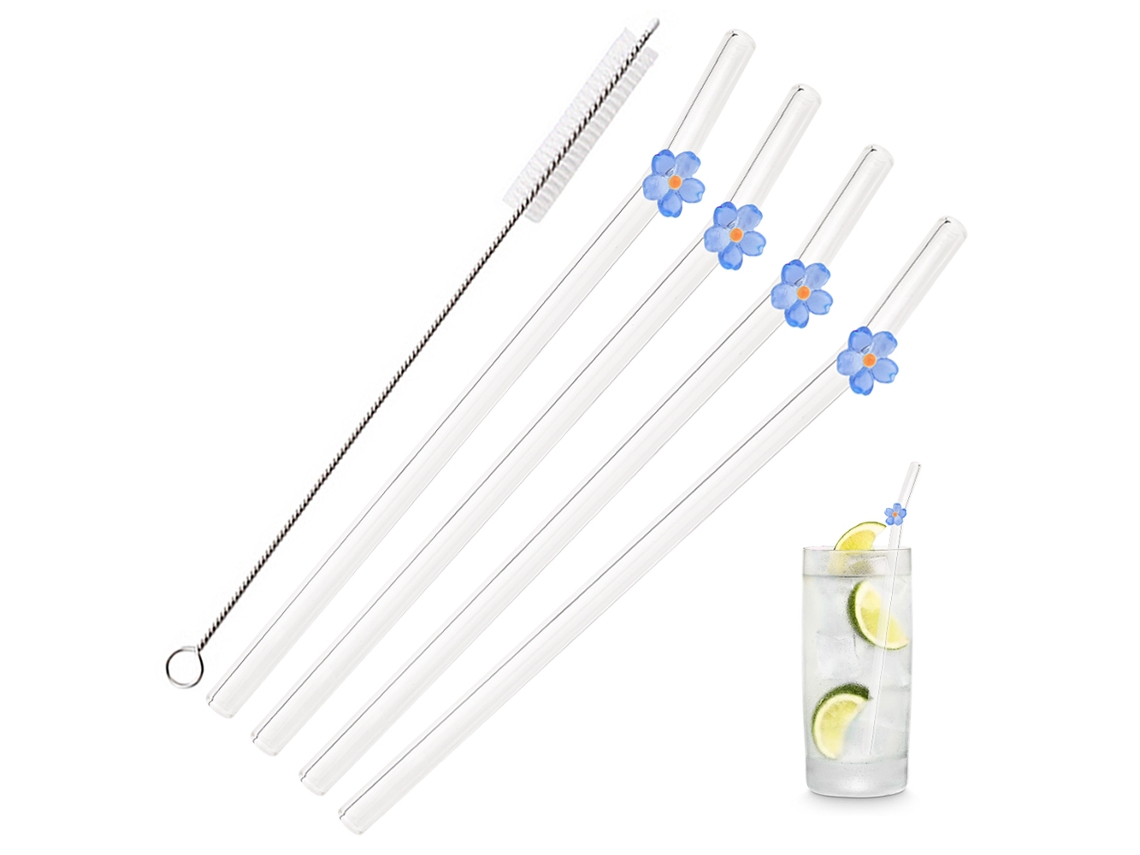 5 pajitas de vidrio de 8 mm reutilizables con flor decorativa, resistentes al calor, ideales para cócteles, fiestas, bodas, bares y playas.