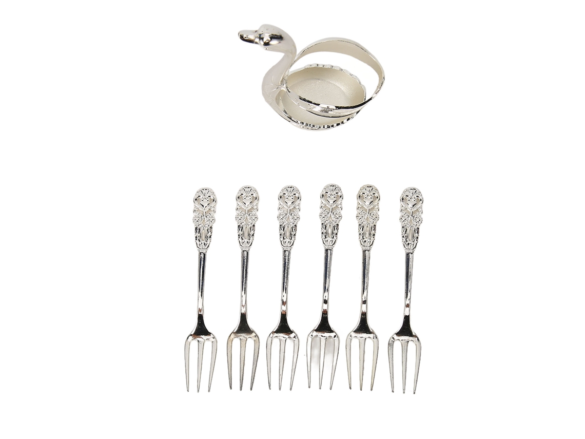 Conjunto de Garfos com Suporte Base Cisne Alumínio Prata Decorativo para Frutas e Sobremesas
