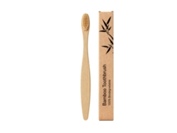 Cepillo de dientes de bambú beige para una limpieza diaria suave.