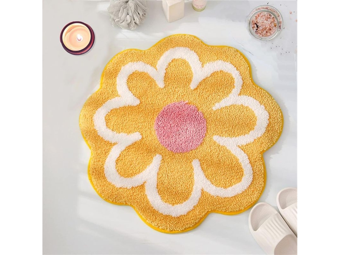Alfombrilla De Baño Amarilla Con Estampado Floral, Microfibra Ultrasuave, Lavable A Máquina, Antideslizante.