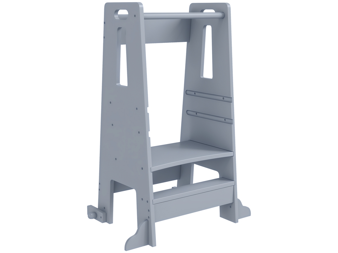 Torre de aprendizaje gris de 45x47,5x91 cm para niños de 3 años en adelante, 3 niveles, altura ajustable, barrera de seguridad.