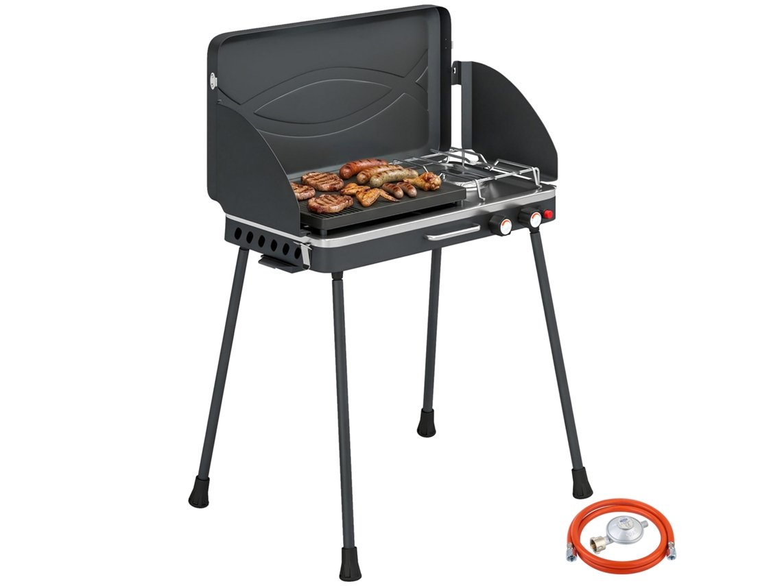 Parrilla De Gas Portátil, 2 Quemadores, 7 Kw, Mesa 2 En 1 Con Función Asado, Patas Plegables, Rejilla, Paravientos, Tapa Y Mecanismo Bloqueo.