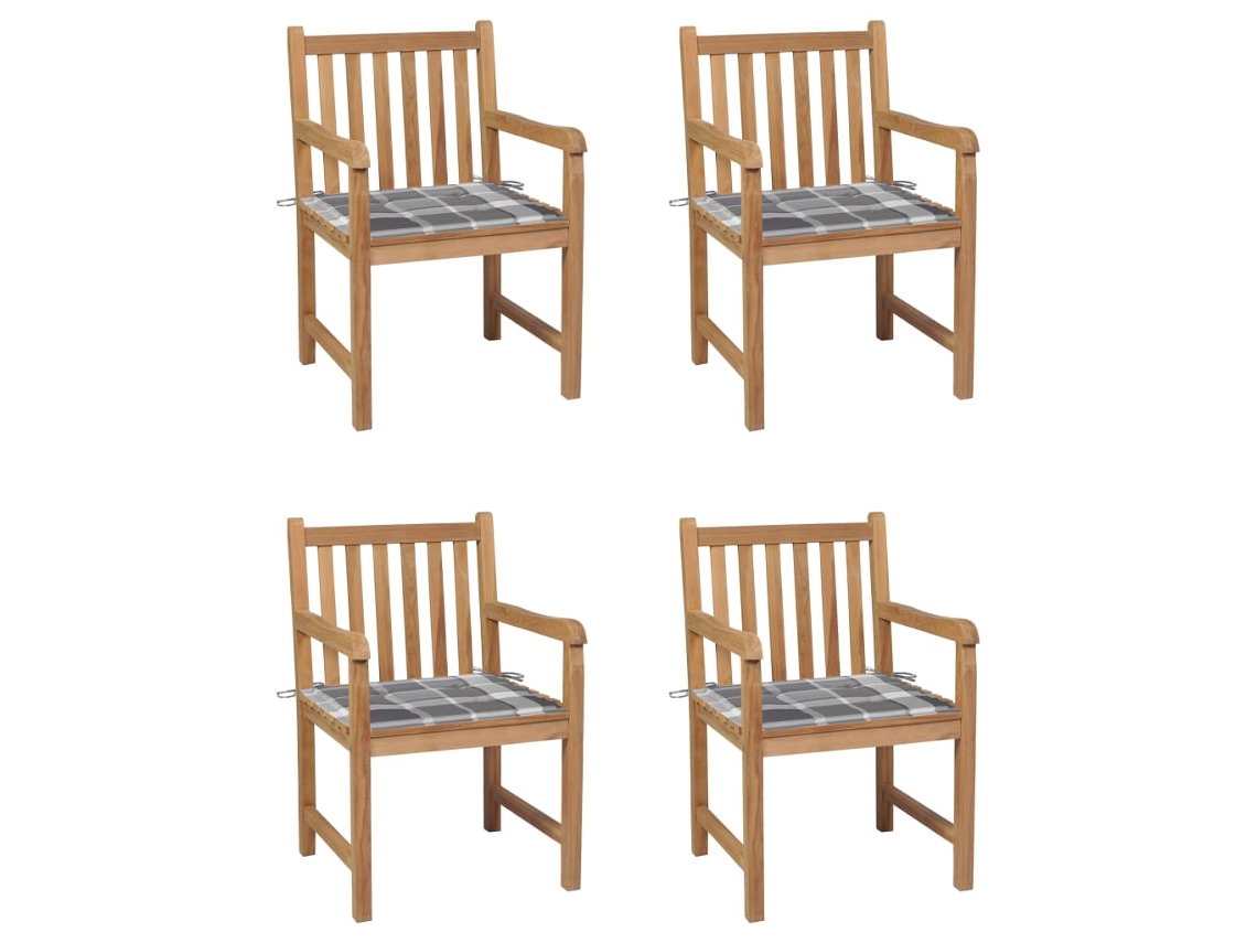 Sillas de jardín con cojines de cuadros grises, 4 piezas, teca maciza, DKD Home Decor