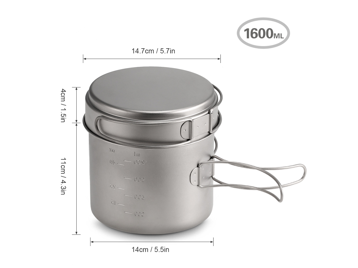 Juego De Utensilios De Cocina De Titanio Para Camping De 1100 Ml/1600 Ml, Ligero Y Con Mango Plegable.