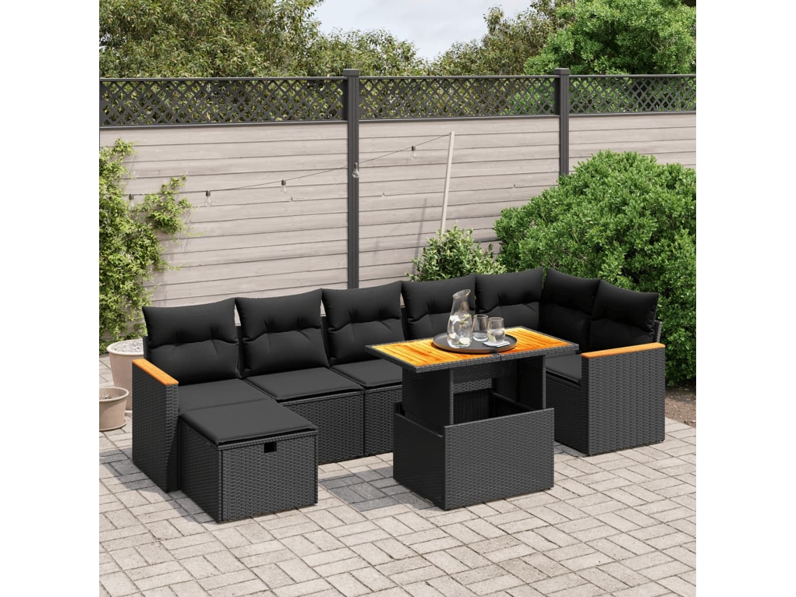 Conjunto de 8 sofás de jardín con cojines de mimbre sintético negro, Dkd Home Decor
