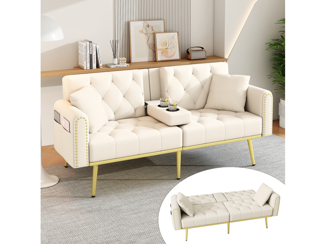 Sofá Cama Doble Reclinable 2 Plazas - 3 Posiciones Ajustables, Con Portavasos - Beige