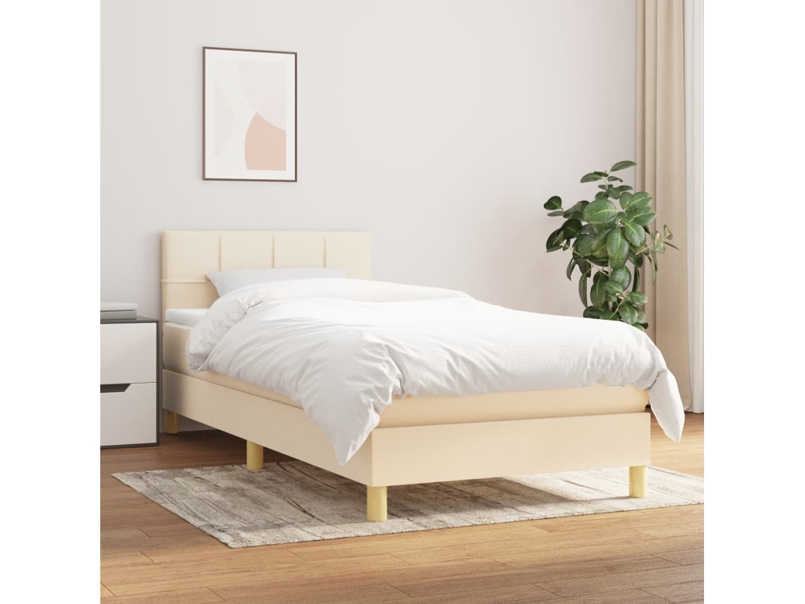 Cama Box Spring Con Colchón Tela Color Crema 90x200 Cm