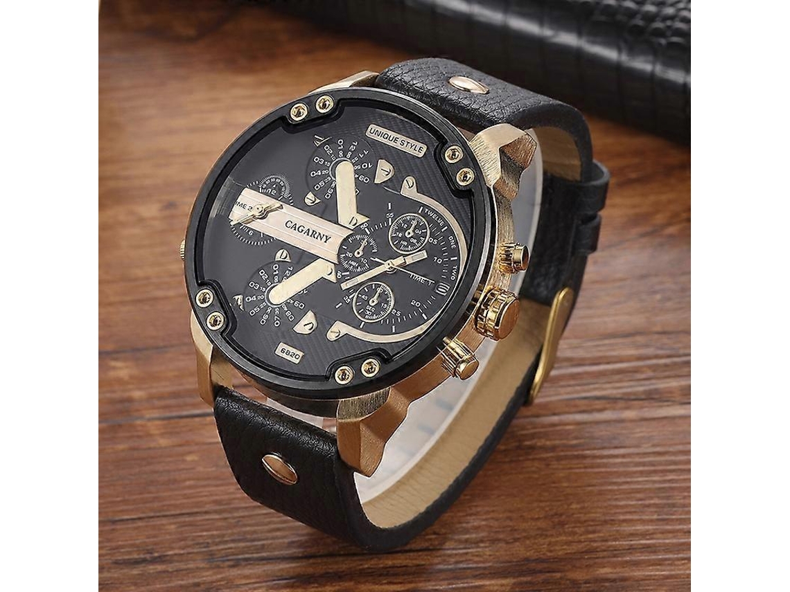 Reloj Cagarny 6820 para hombre con esfera redonda grande, correa de piel y cuarzo con movimiento dual Hengrongshen