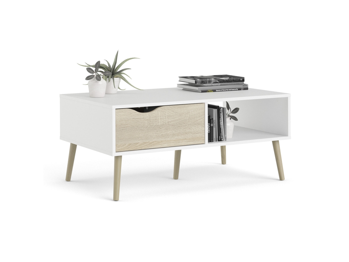 Mesa de centro Tajo con cajón en blanco y roble, 99x61x44 cm WELLHOME